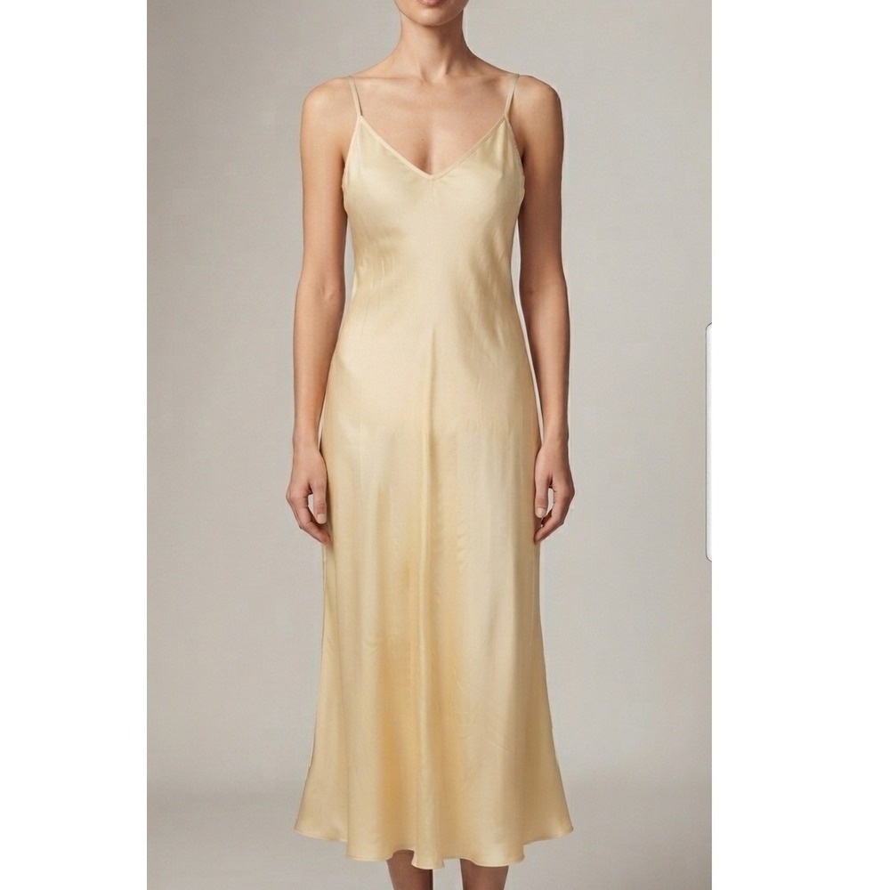 Luxury 100% Silk Maxi Slip Dress Yellow Cream V-Neck Spaghetti Strap Size 10